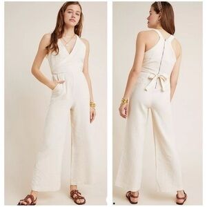 Anthropologie Cream Wide Leg Demi Textured Gauze Jumpsuit 14
